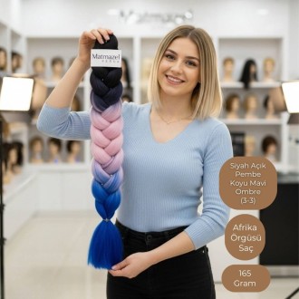 Ankara Afrika Örgüsü Saç Siyah Açık Pembe Koyu Mavi Ombre 165 Gram