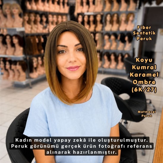 Koyu Kumral Karamel Ombre Kısa Küt Fiber Sentetik Peruk
