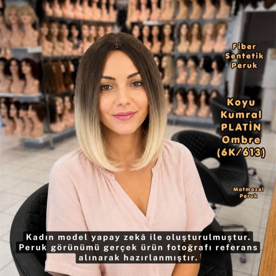 Koyu Kumral Platin Ombre Kısa Küt Fiber Sentetik Peruk