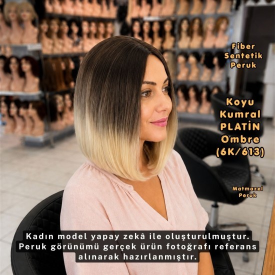 Koyu Kumral Platin Ombre Kısa Küt Fiber Sentetik Peruk