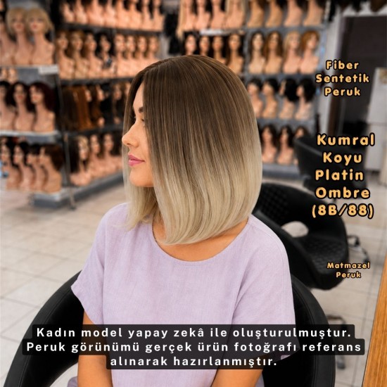 Kumral Koyu Platin Ombre Kısa Küt Fiber Sentetik Peruk