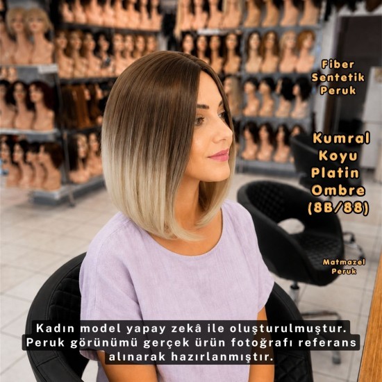 Kumral Koyu Platin Ombre Kısa Küt Fiber Sentetik Peruk